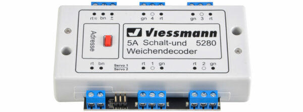 Viessmann 5280 <br>Multiprotokoll-Weichendecoder inkl. 2 Servoausgängen für bis zu 5 Ampere Schaltstrom | 5280
